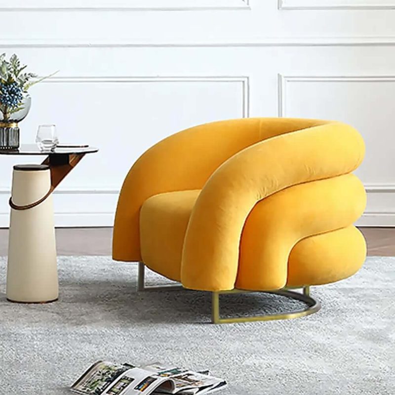 "Creative & Modern Yellow Solid Wood & Velvet Accent Chair with Metal Base"