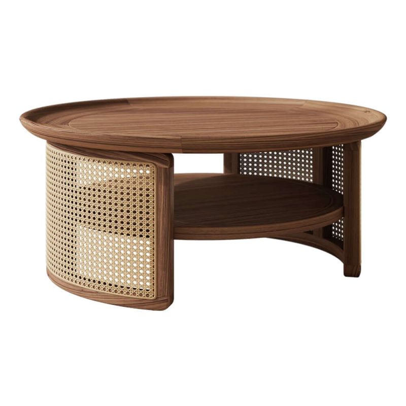 "2-Tiered Japandi Round  Walnut Wood Coffee Table with Storage Rattan Base"