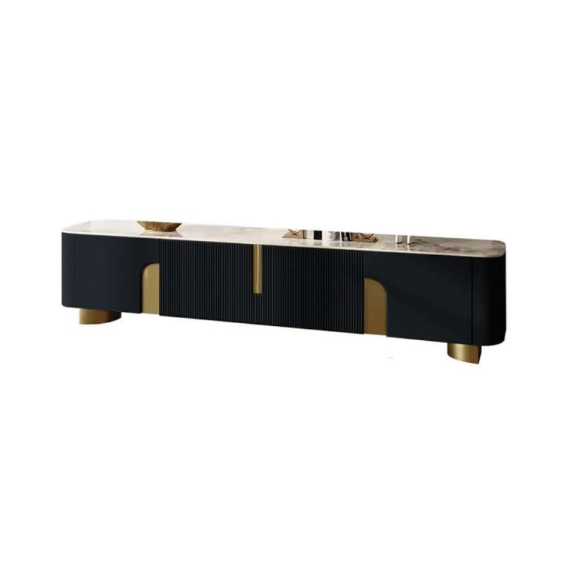 "Artus Modern Black TV Stand Stone Top 4 Doors with Storage Media Console TVs up to 85""