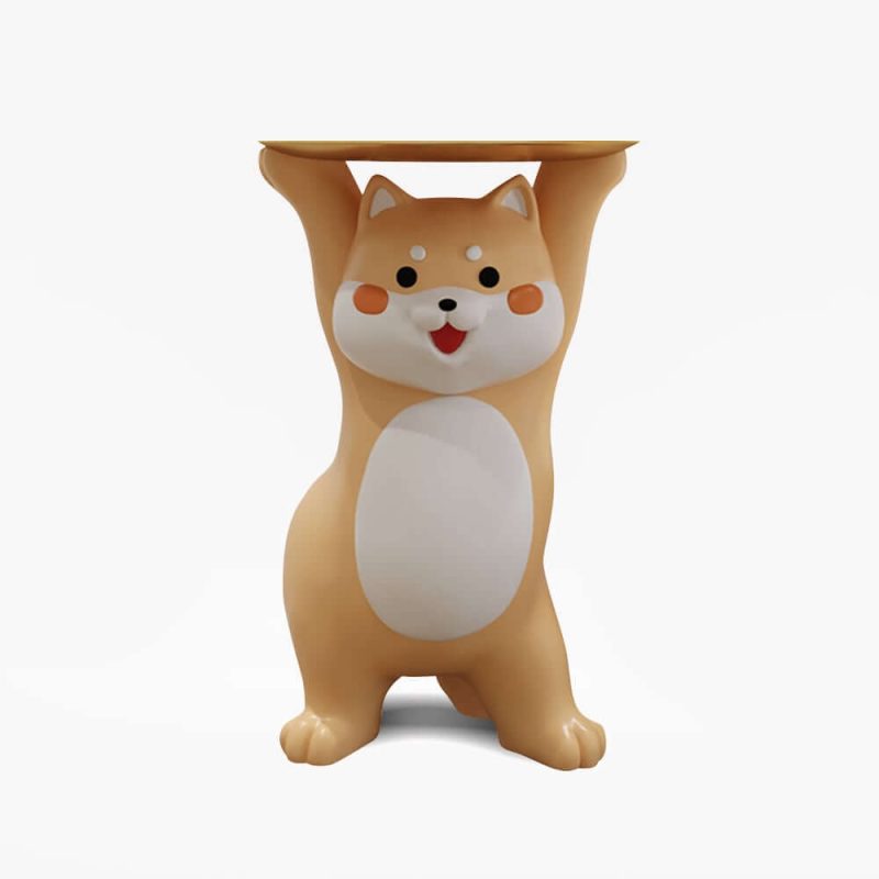 "Modern Dog Side Table Resin Figurine with Gold Tray"