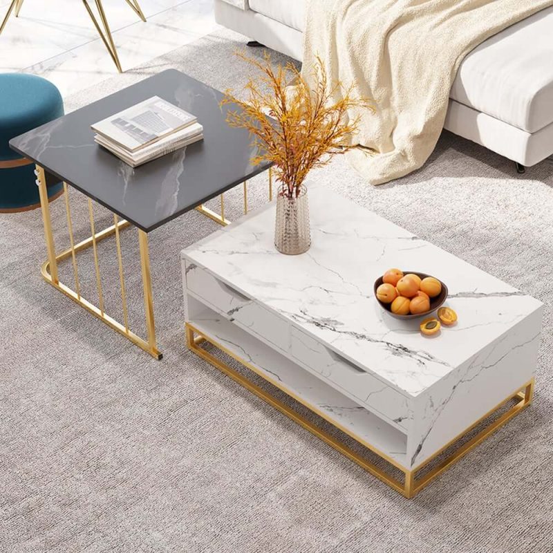 "Modern Wood Nesting Coffee Table Set of 2 with Drawers & Shelves in Black & White"
