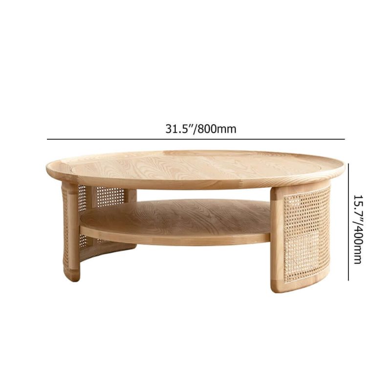 "Dimension of 2-Tiered Japandi Round Wood Coffee Table with Rattan Base"