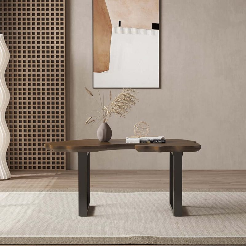 "Rustic 39.8" Live-Edge Coffee Table Walnut & Black with Wooden Tabletop & Metal Base "