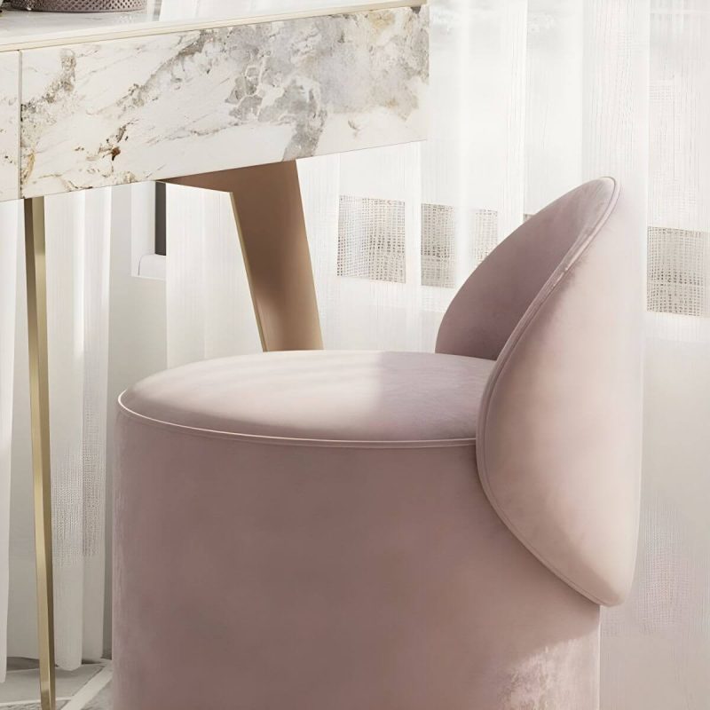 "Contemporary Pink Armless Swivel Vanity Stool with Upholstered Seat and Backrest - Genuine Leather"