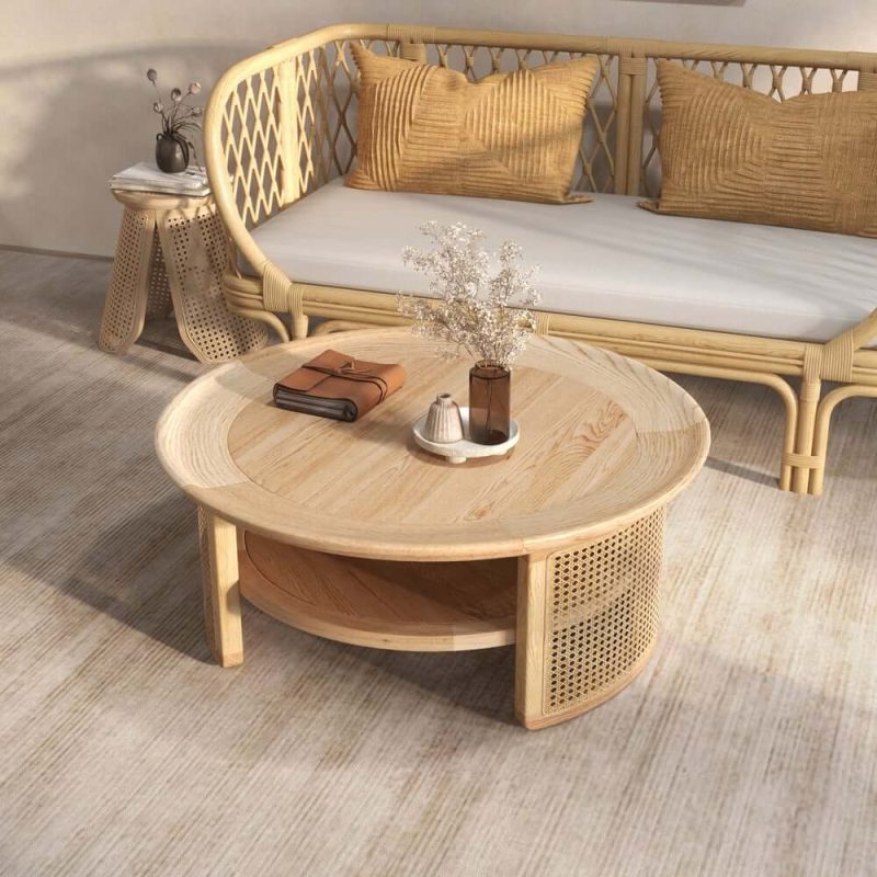"2-Tiered Japandi Round Wood Coffee Table with Rattan Base"