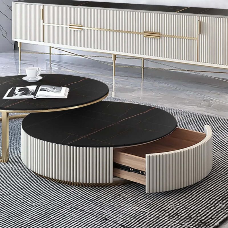 "Set of 2 Round Sintered Stone Top Nesting Coffee Table with Drawer Black & Gold"