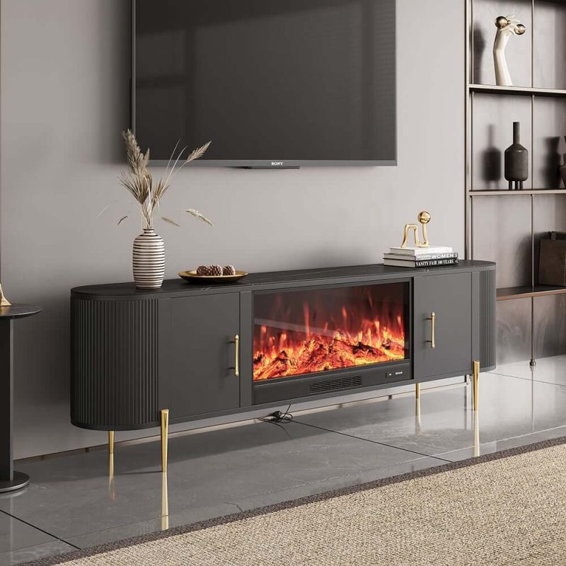 "87" Sintered Stone Top Electric Fireplace TV Stand with Remote Control and Storage"