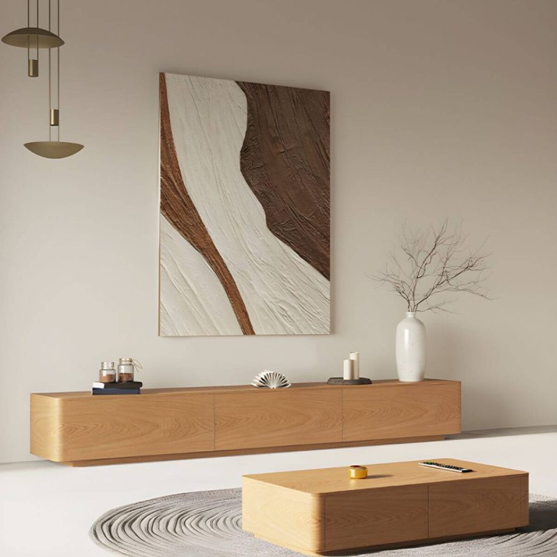 "Natural Engineered Wood TV Console Modern Cable Management Media Console - 94.5"L x 16"W x 14"H"