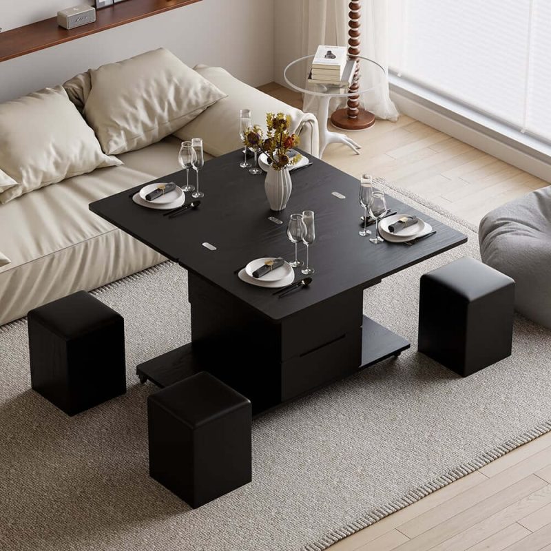 "39" Lift-Top Foldable Coffee Table with 4 Stools & Storage"