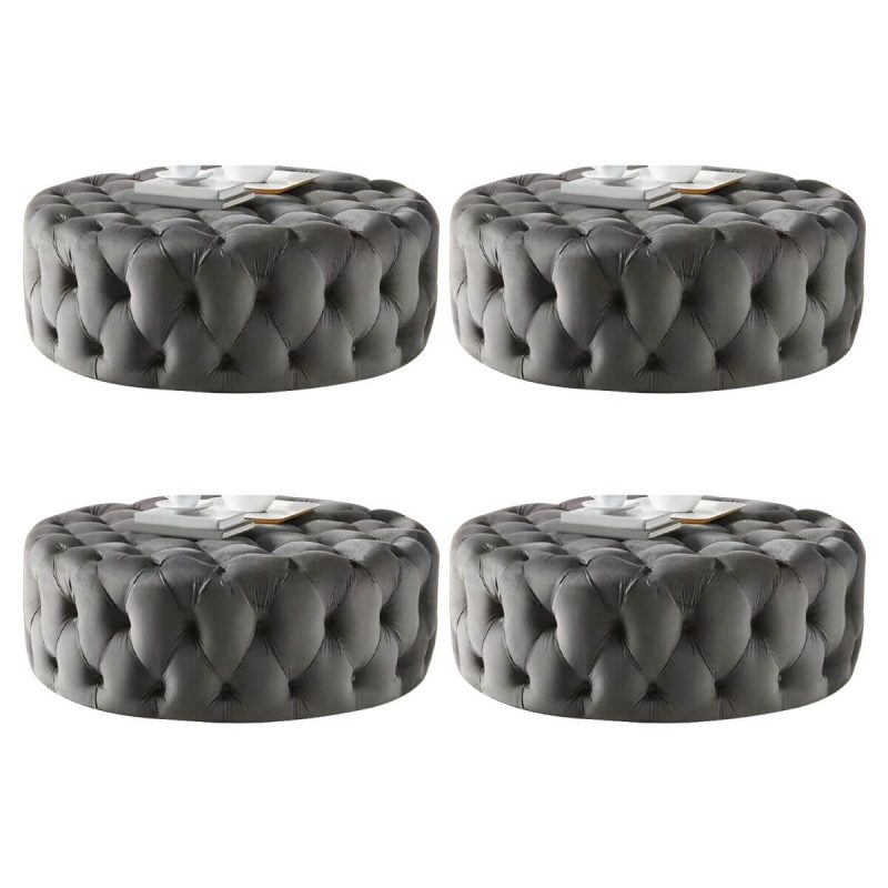 "Indoor Solid Color Contemporary Round Fabric Upholstered Tufted Cocktail - 4 Piece Set 35.5"L x 35.5"W x 16"H Dark Gray"