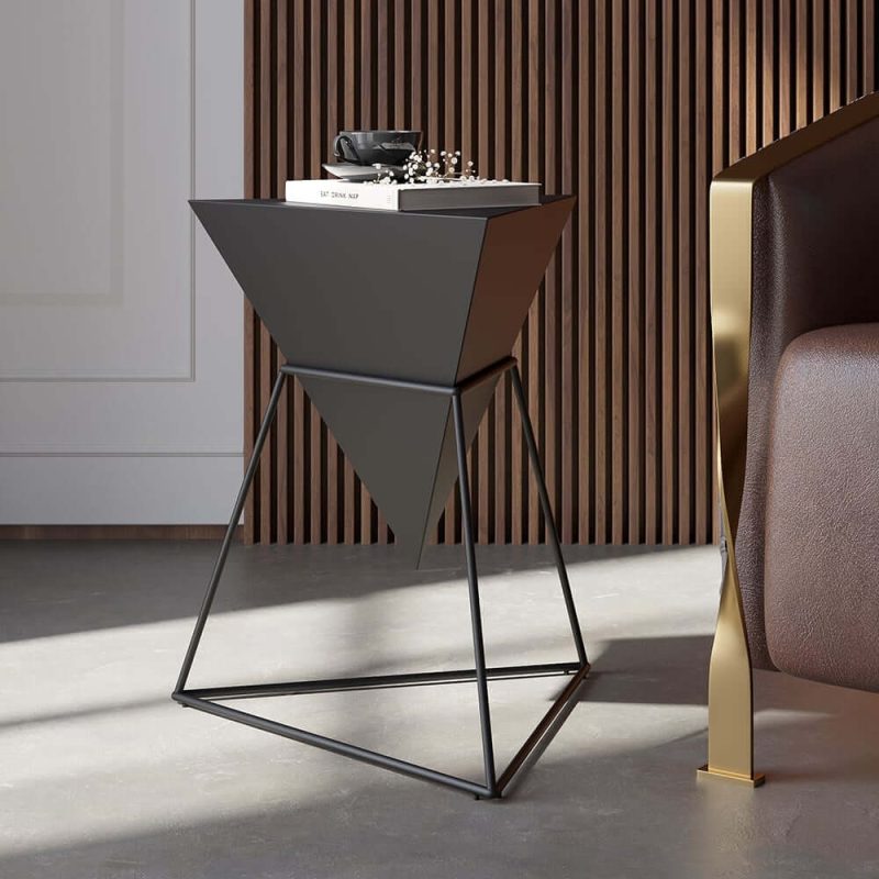 "Triangle Wood Side Table with Metal Base"