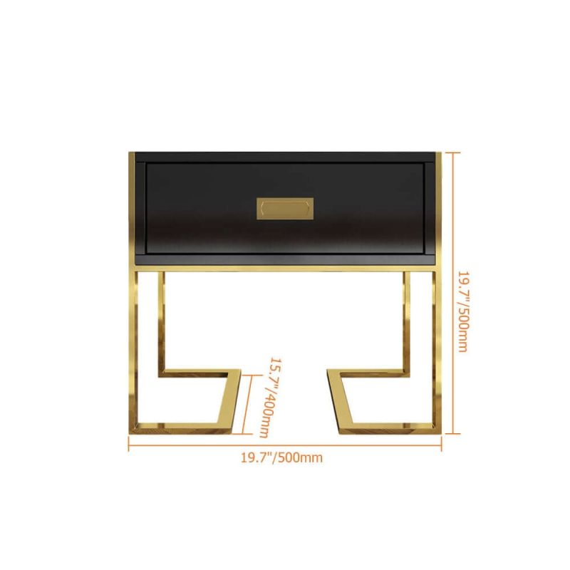 "Dimension of Jocise Modern Black Wooden End Table with 1 Drawer & Golden Double Pedestal"