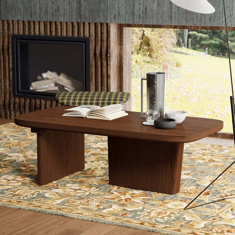 "Pine Wood Coffee Table Rectangle-shaped in Walnut with Abstract Base Japandi"