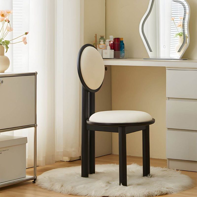 "Modern Vanity Stool with Round Back, White Upholstered and Wood Straight Legs - Black Design 2"