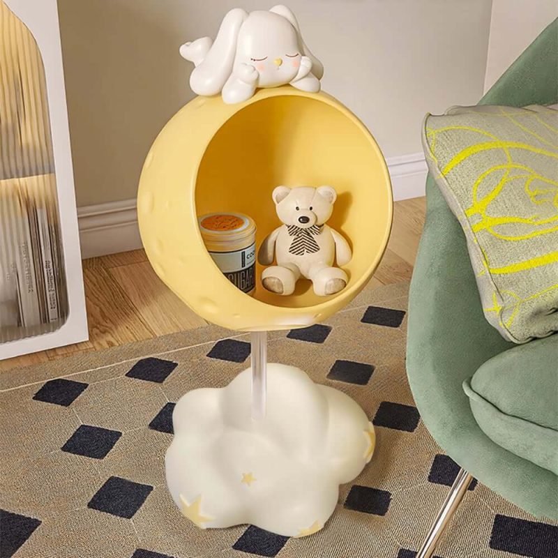 "Cute Flying Rabbit Side Table with Open Storage Floor Resin Bunny End Table"