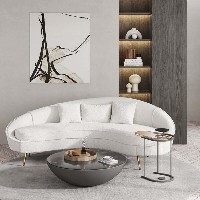 "83" Modern White Boucle Curved Sofa 3 Seaters Toss Pillow Included"