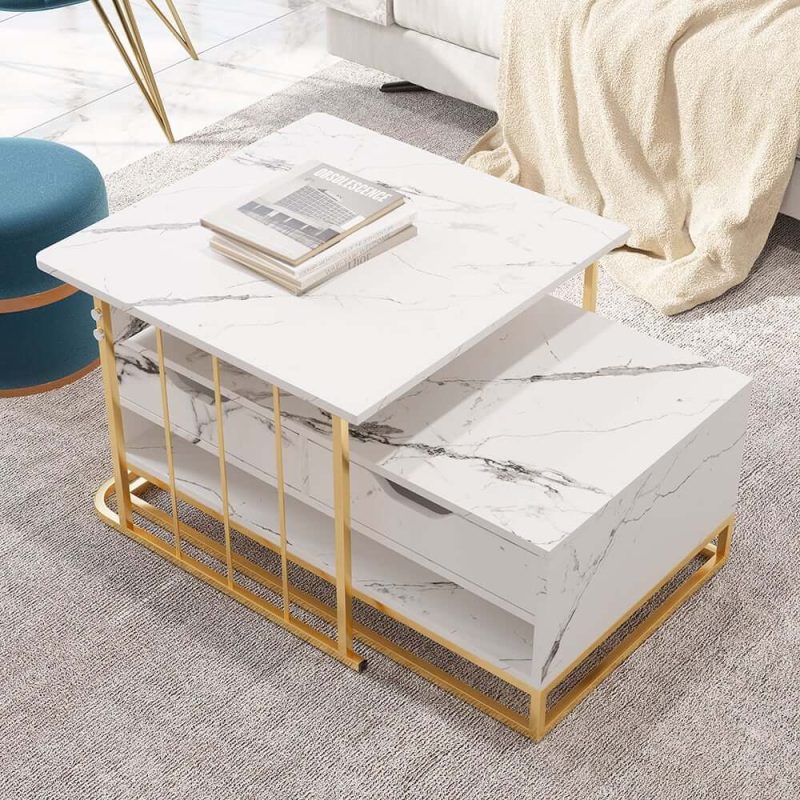 "Rectangle 2-Piece Nesting Set White Coffee Table with Metal Base and Storage"