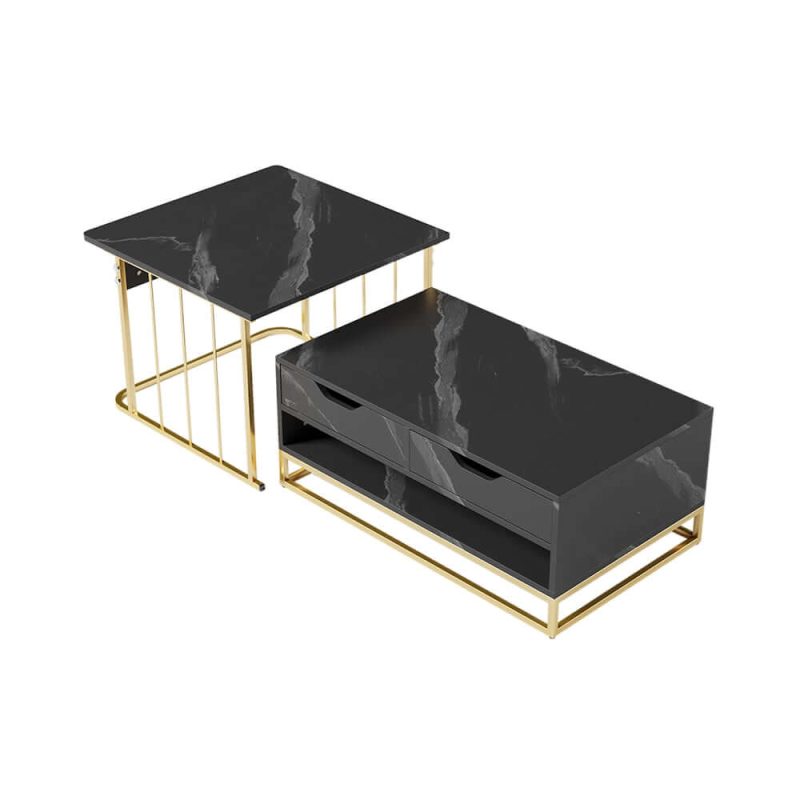 "Modern Nesting Coffee Table Set of 2 in Black with Drawers & Shelves"