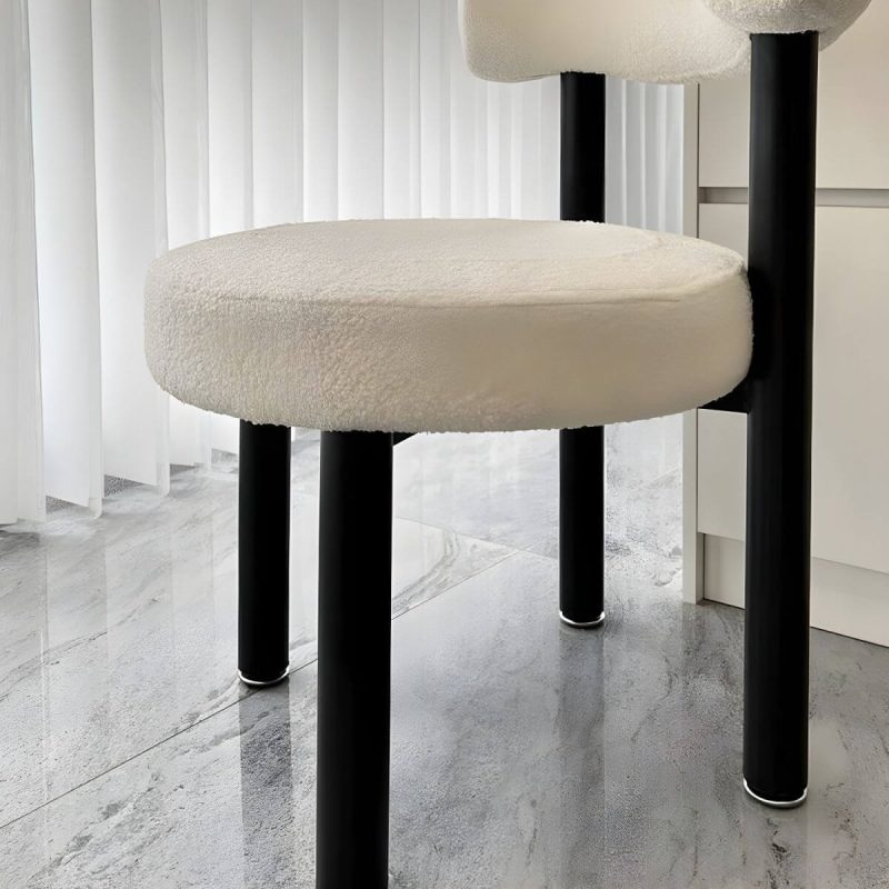 "Contemporary Vanity Stool with Back, Sherpa Upholstered and Black Legs - Beige"
