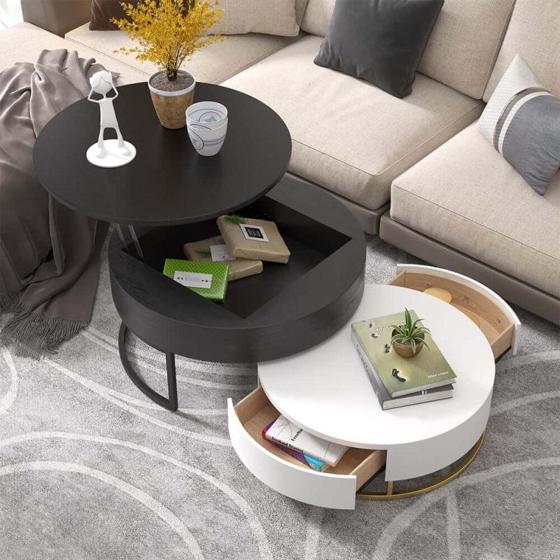 "Nesnesis Modern Round Lift-top Nesting Wood Coffee Table with Drawers White & Black"