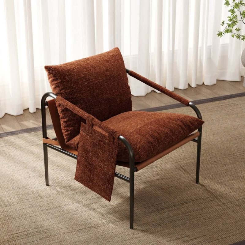 "Brown Chenille Accent Chair with Metal Frame"