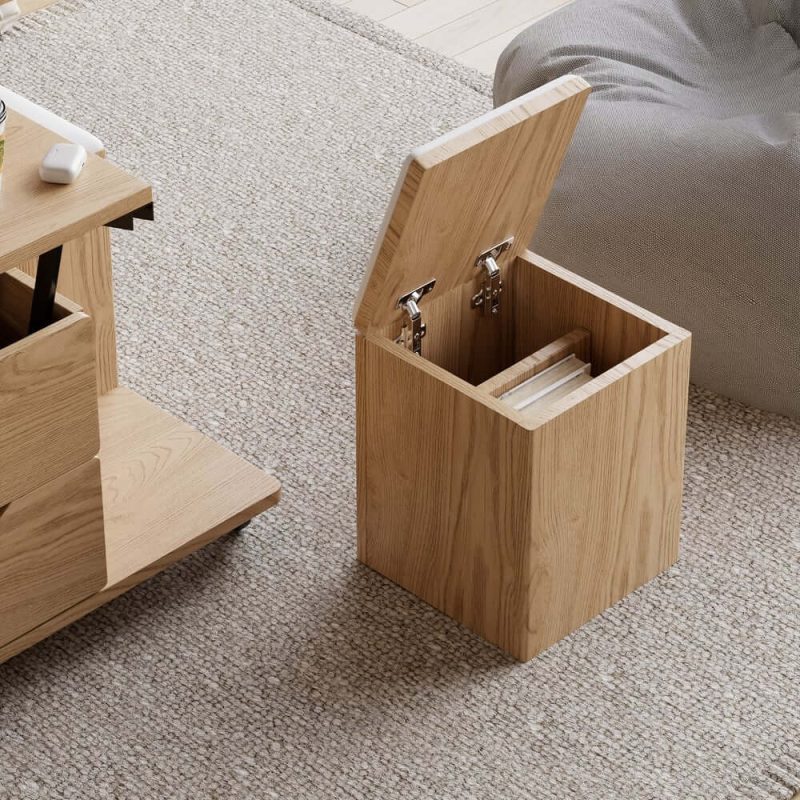 "39" Lift-Top Foldable Natural Coffee Table with 4 Stools & Storage"