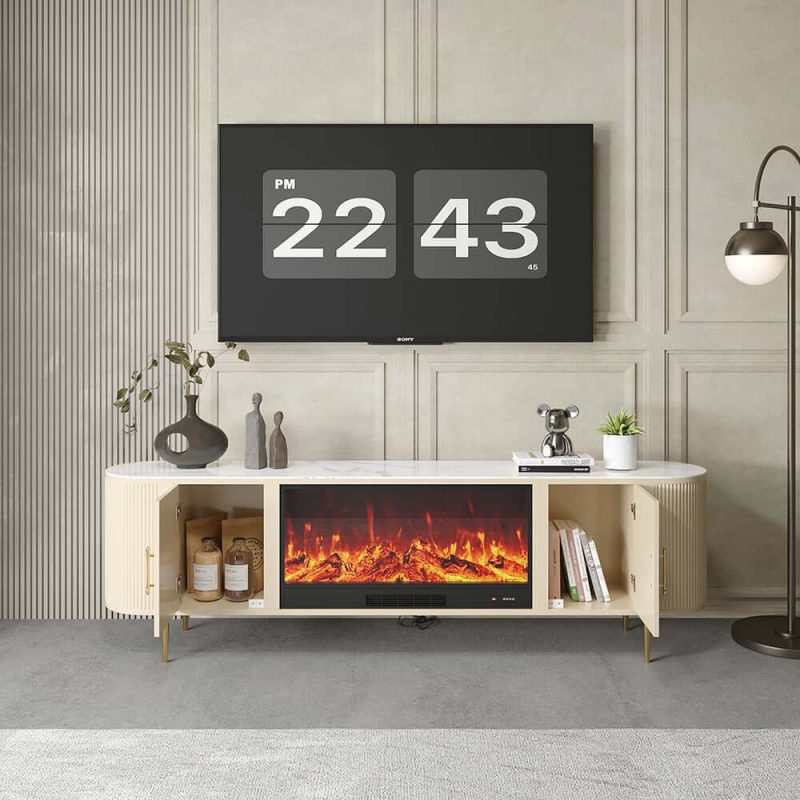 "87" Sintered Stone Top Electric Fireplace TV Stand with Remote Control and Storage"