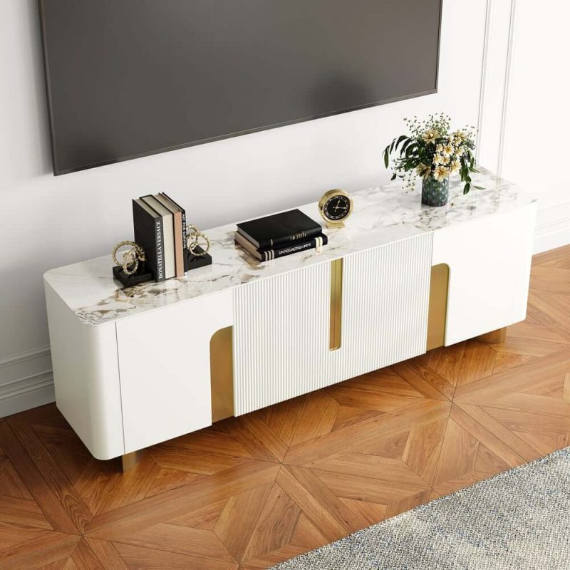 "Artus Modern Beige TV Stand Stone Top 4 Doors with Storage Media Console TVs up to 85""