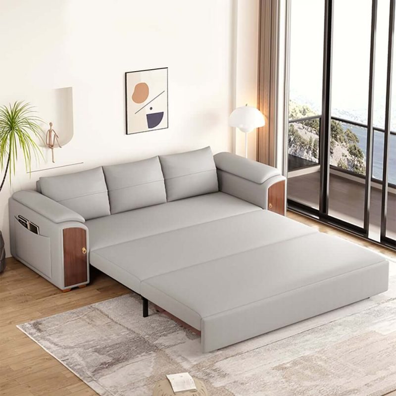 "94.5" Gray Pull Out Sofa Bed Convertible Leath-Aire Sleeper with Lift-top Coffee Table"