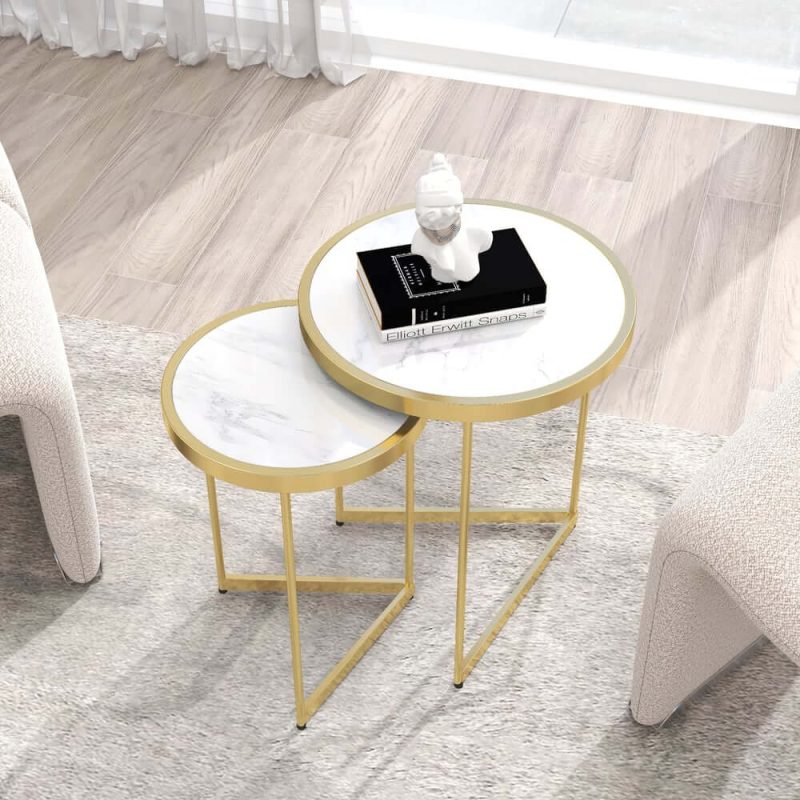 "White End Table Sets Modern Marble Top Nesting Side Table"