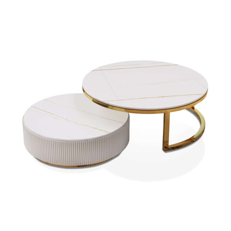 "Round 2-Piece Nesting Set Sintered Stone Top Beige Coffee Table with Drawer"