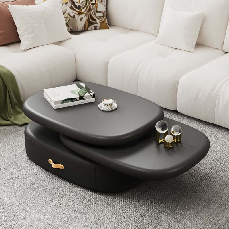 "3-Tiered Modern Oval Black Pebbles Rotating Coffee Table with Storage"