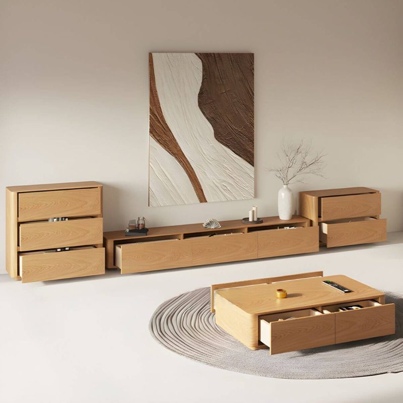 "Natural Engineered Wood TV Console Modern Cable Management Media Console - 87"L x 16"W x 14"H"