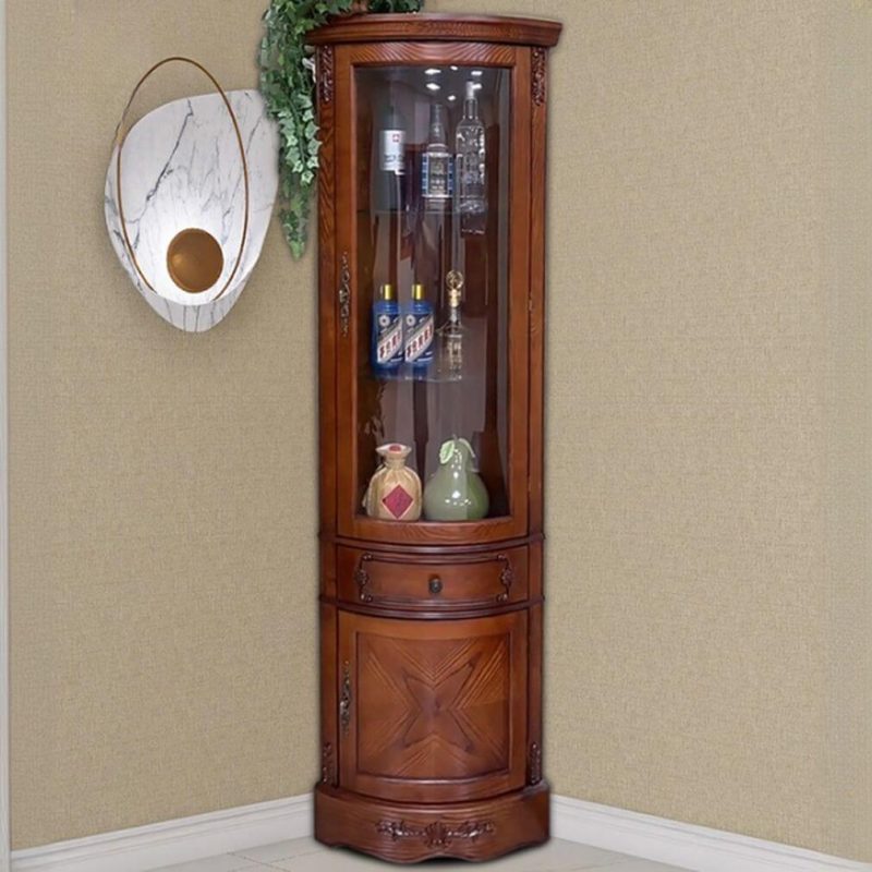"Victorian Utility Storage Cabinet with Ring Pull, Glass-panel Door, Drawer, Nook Shape, Espresso Top, and Hutch, Cherry, 20"L x 20"W x 74"H"
