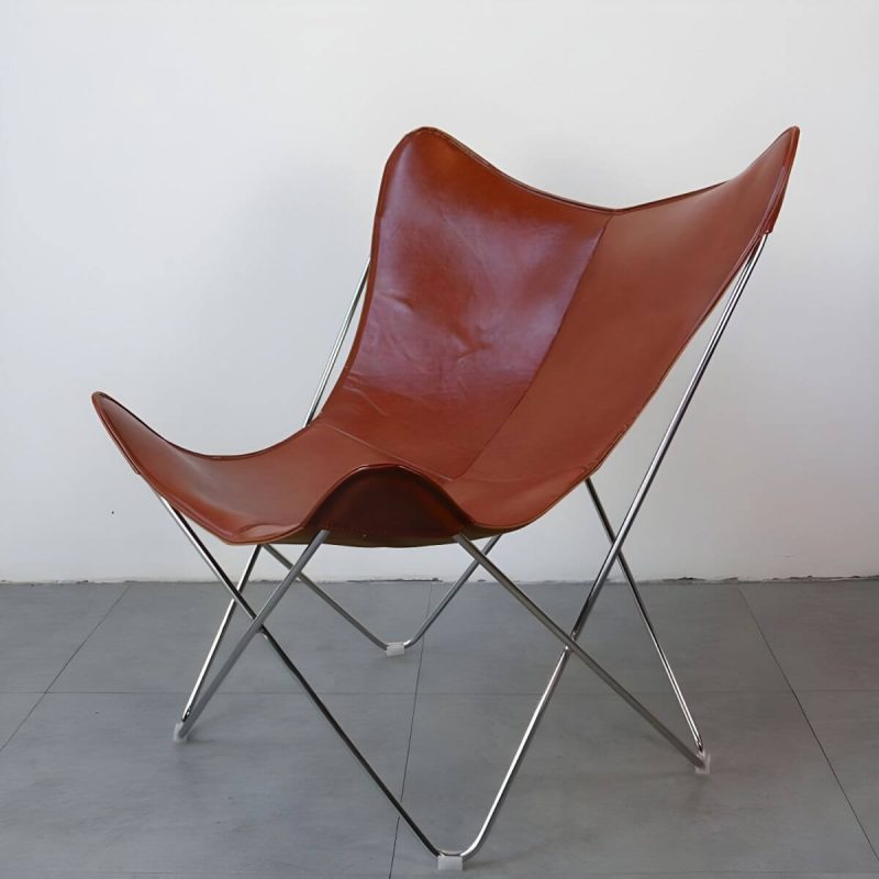 "Scandinavian Small Metal Recliner, Solid Color, Waterproof, With Legs - Brown Black Genuine Leather"