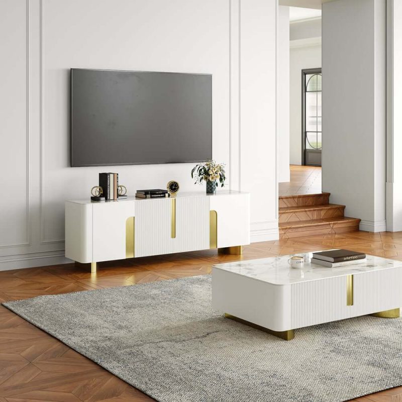 "Artus Modern Beige TV Stand Stone Top 4 Doors with Storage Media Console TVs up to 85""
