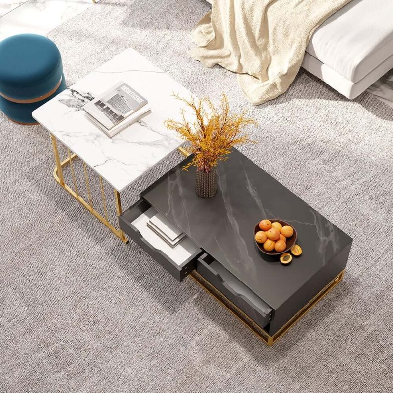 "Modern Wood Nesting Coffee Table Set of 2 with Drawers & Shelves in Black & White"