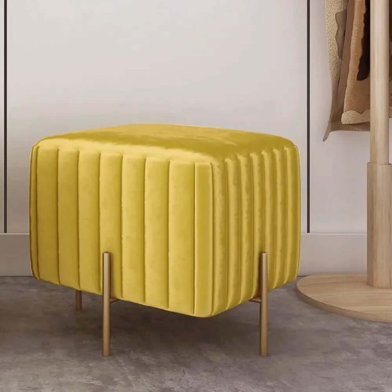 "Contemporary Square Pouf Ottoman Upholstered Velvet Ottoman Footrest in Yellow"