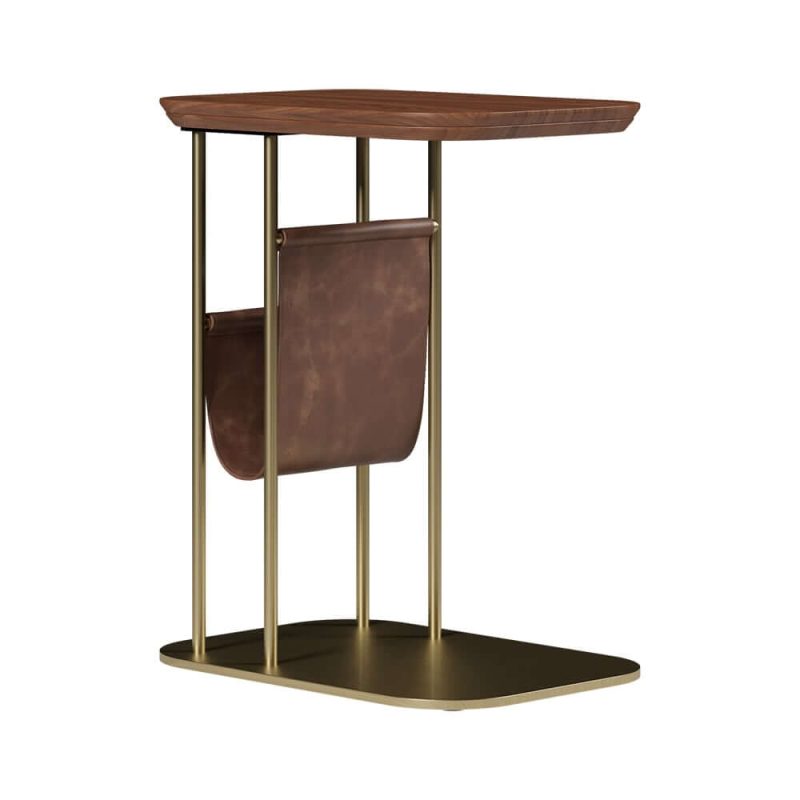 "C-Shaped Walnut & Gold Rotating Side Table with Storage"
