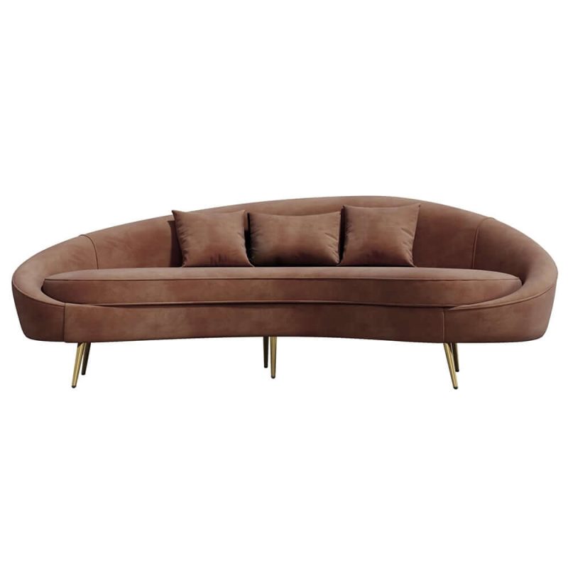 "Modern 83" Brown Velvet Curved Sofa 3-Seater Sofa Gold Legs Toss Pillow Included"