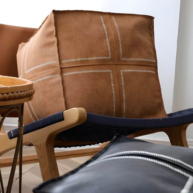 "Geometric Genuine Leather Square Pouf Ottoman for Modern Style - Removable Cushion Cover Included - Croci 1 Piece"