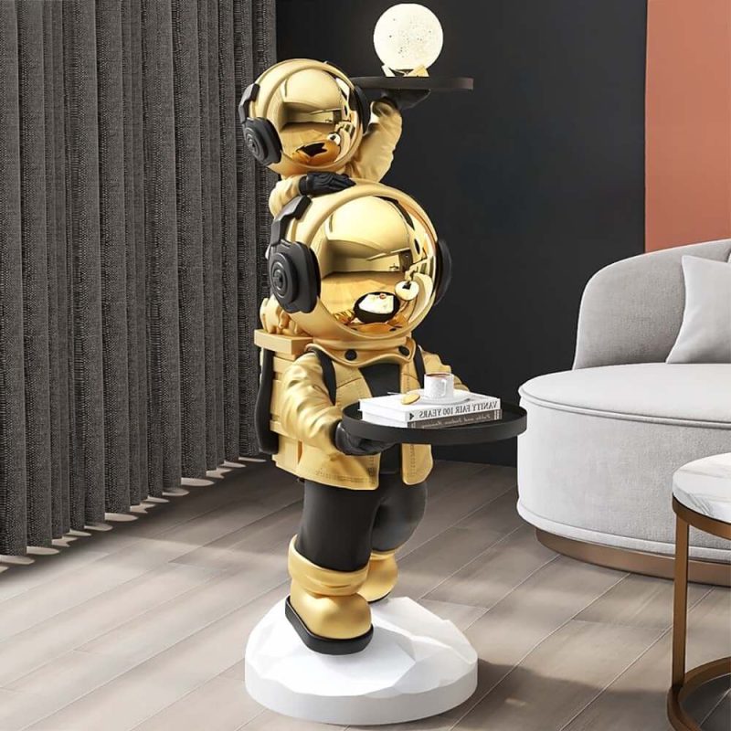 "Astronaut Resin Figurine Gold Side Table with Tray Top"