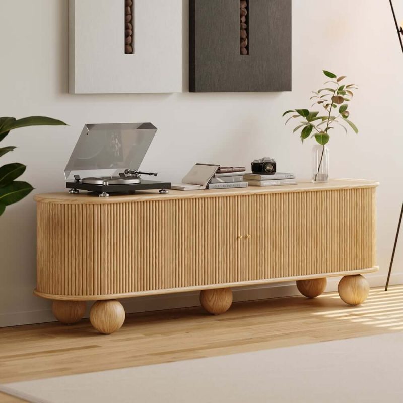 "Stria 47" Oval Natural Solid Wood Fluted Coffee Table with Storage 71" Ash Wood TV Stand"