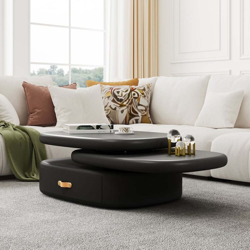 "3-Tiered Modern Oval Black Pebbles Rotating Coffee Table with Storage"