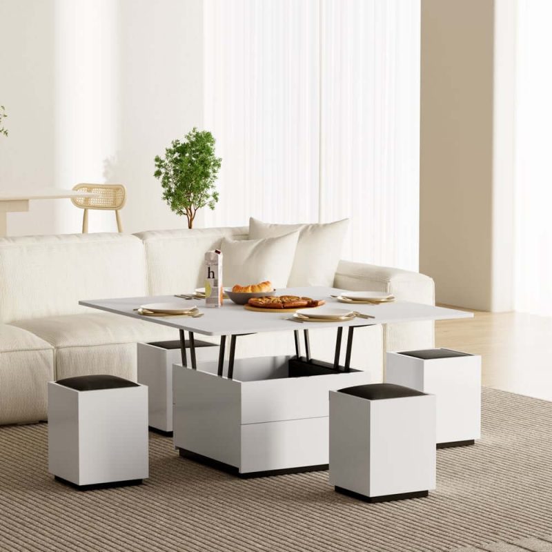 "Modern White Lift Top Glass Coffee Table with Drawers & Storage Multifunction Table"