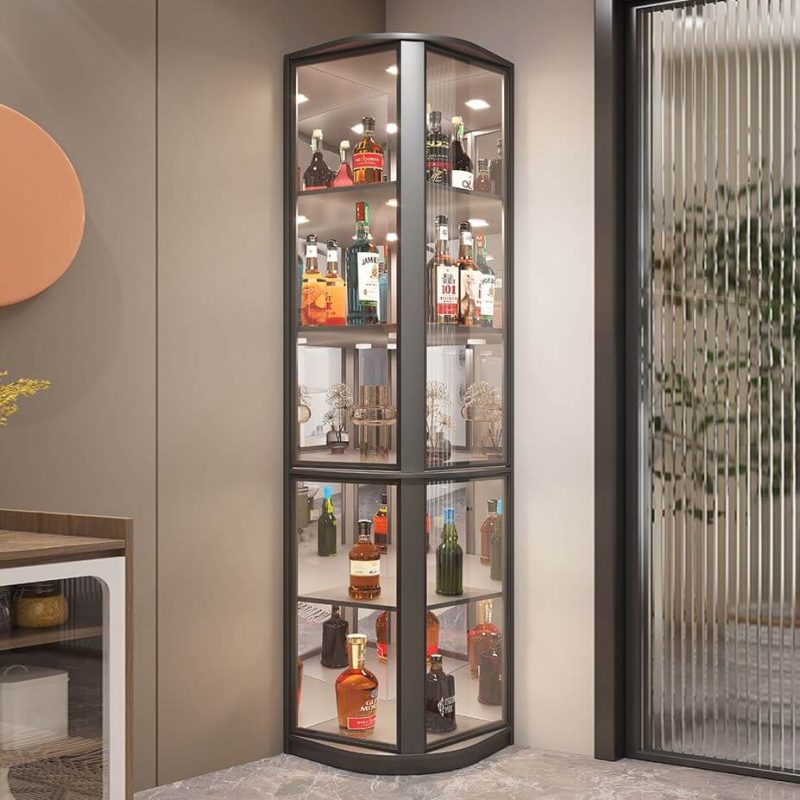 "Modern Gray Corner Accent Cabinet with Glass Doors and 2 Shelves - 20"L x 20"W x 79"H Dark Gray"