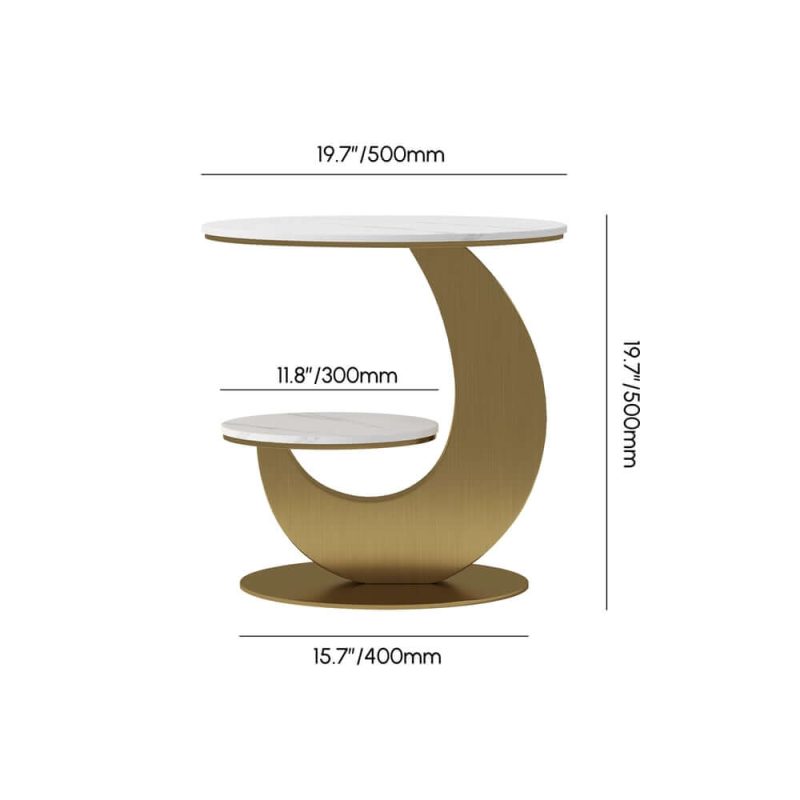 "Dimension of 20" Round Sintered Stone 2-Tier Gold Moon-Shaped Side Table"