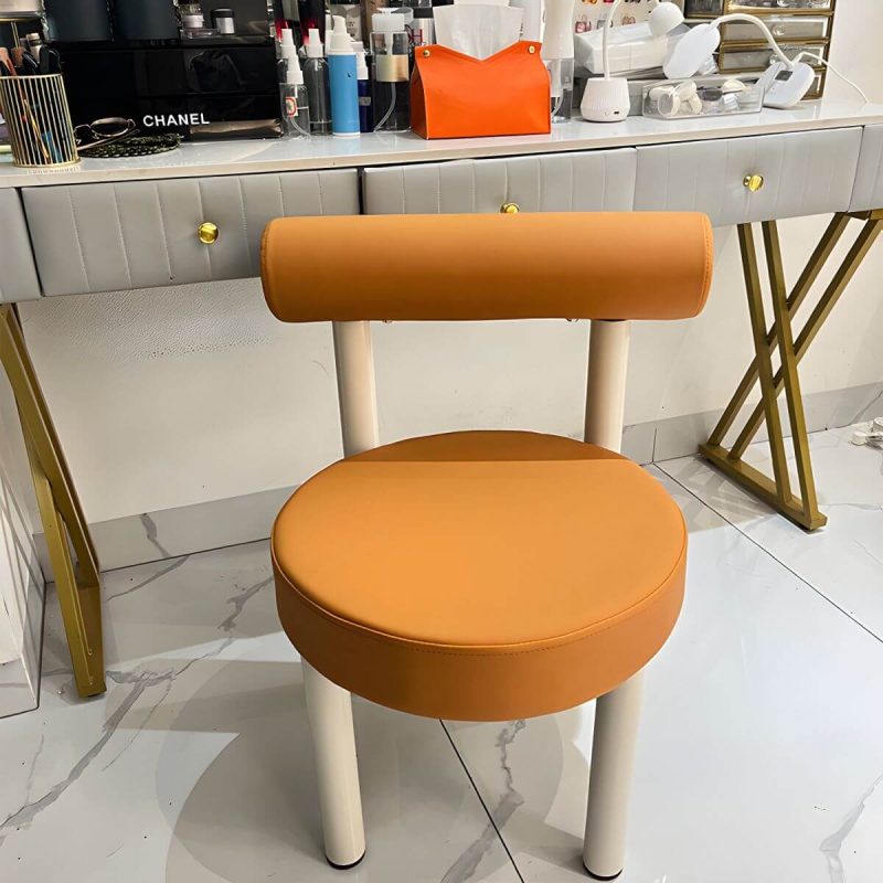 "Solid Color Upholstered Vanity Stool with Tall Back and Metal Legs in Modern Design - Dark Camel Anti Cat Scratch Leather"