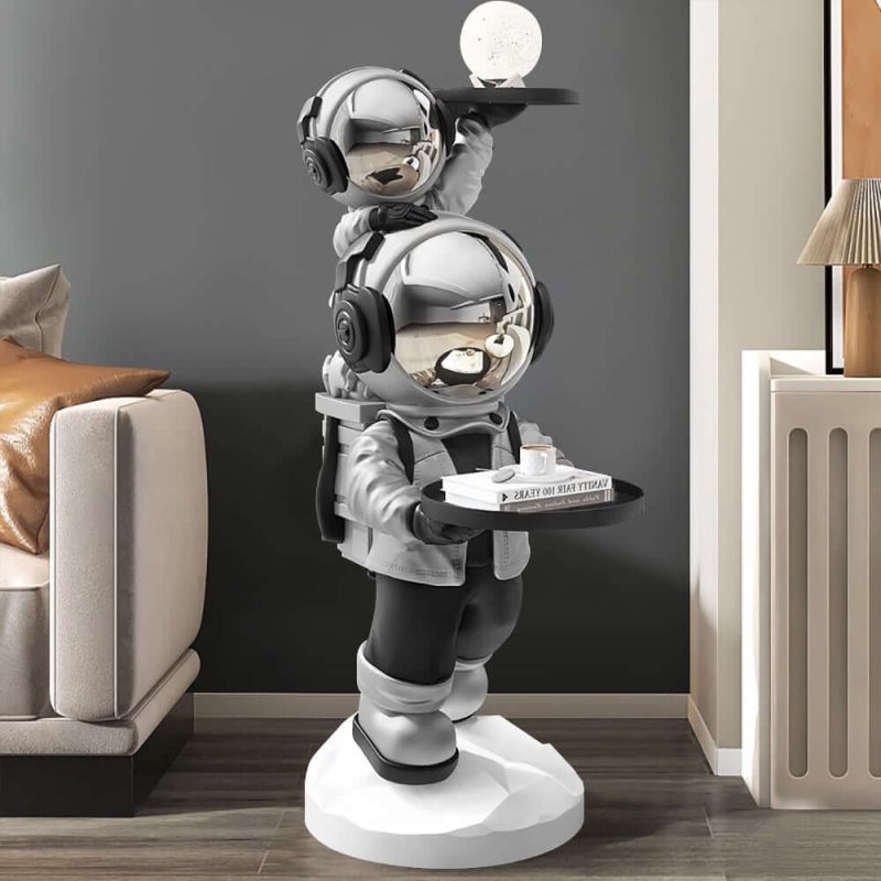 "Astronaut Resin Figurine Silver Side Table with Tray Top"