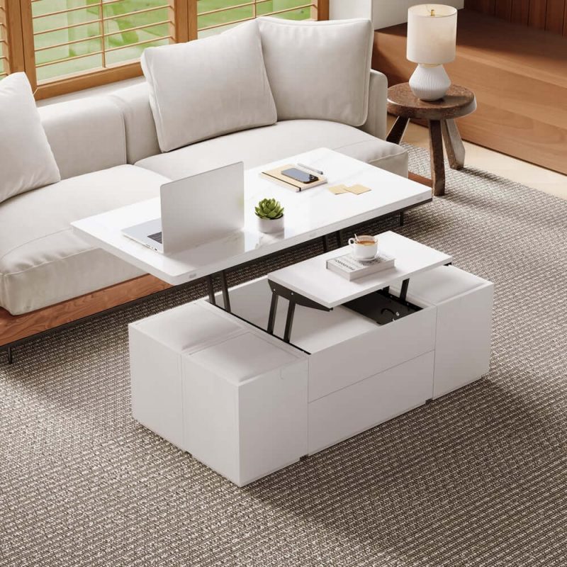 "Modern White Lift Top Marble Coffee Table with Drawers & Storage Multifunction Table"